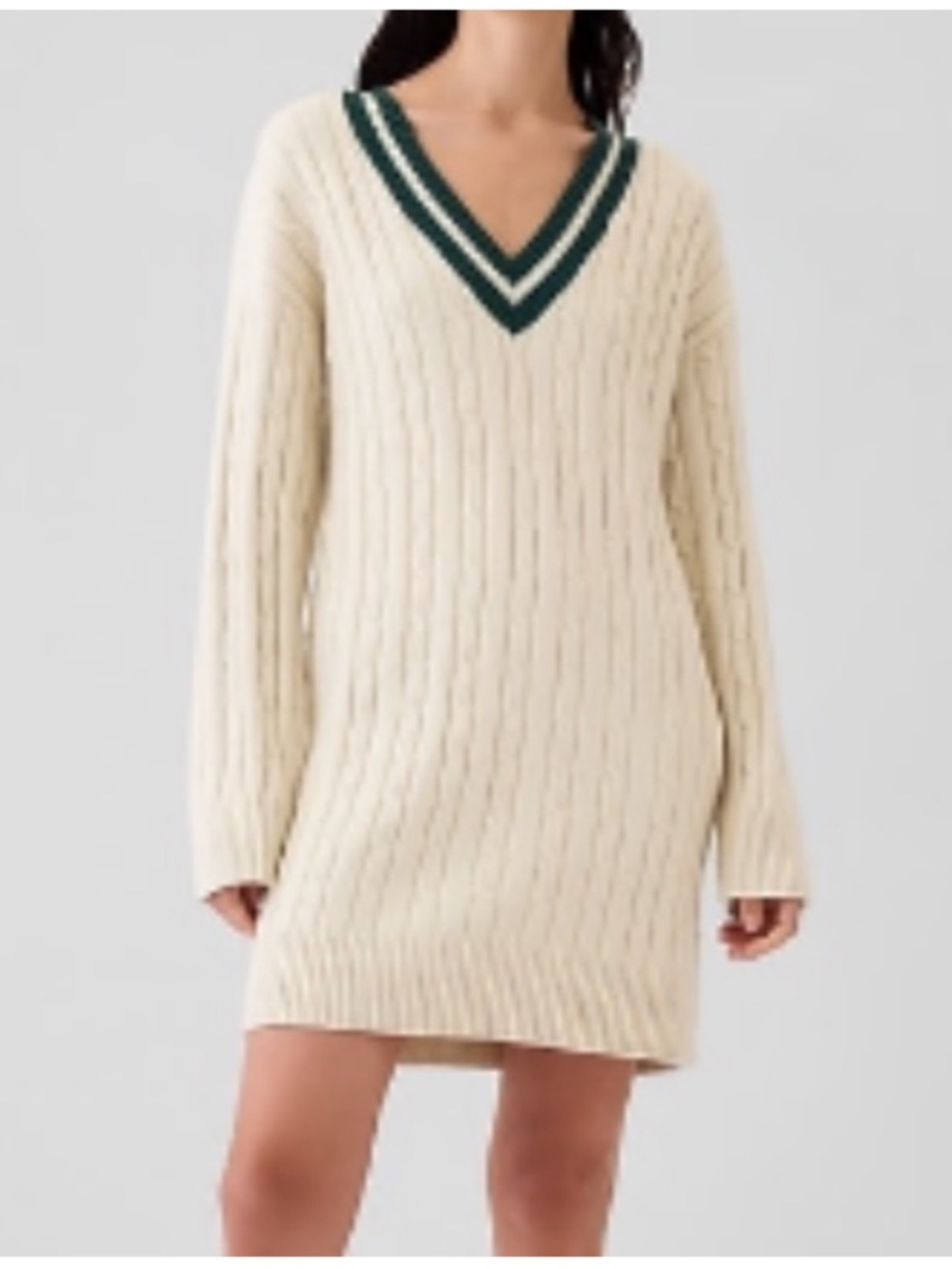 GAP Cream V-Neck Cable Knit Sweater Dress with Green Trim